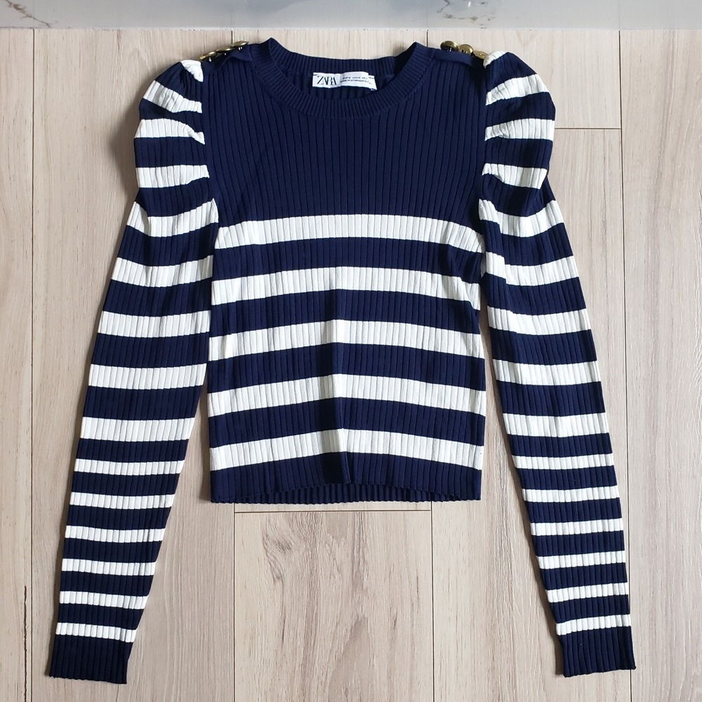 Zara Sweater Womens M Navy White Striped Puff Sleeve Gold Buttons Nautical Knit